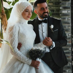couple, wedding, newlyweds, bride, groom, love, bridal gown, beautiful, portrait, hijab