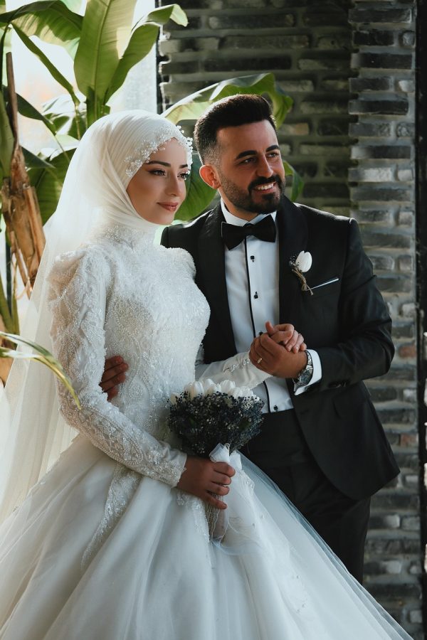 couple, wedding, newlyweds, bride, groom, love, bridal gown, beautiful, portrait, hijab