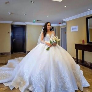 ball gown wedding dress long train floral lace
