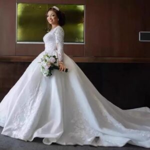 lace ball gown wedding dress full skirt cathedral train side view
