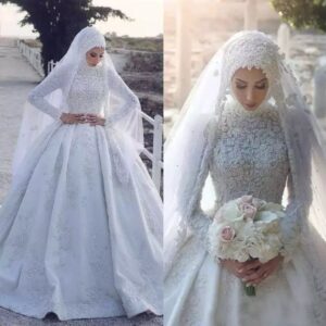 modest white lace wedding dress front view
