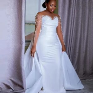 satin wedding dress detachable train pearl embellished