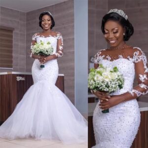 white lace mermaid wedding dress front view