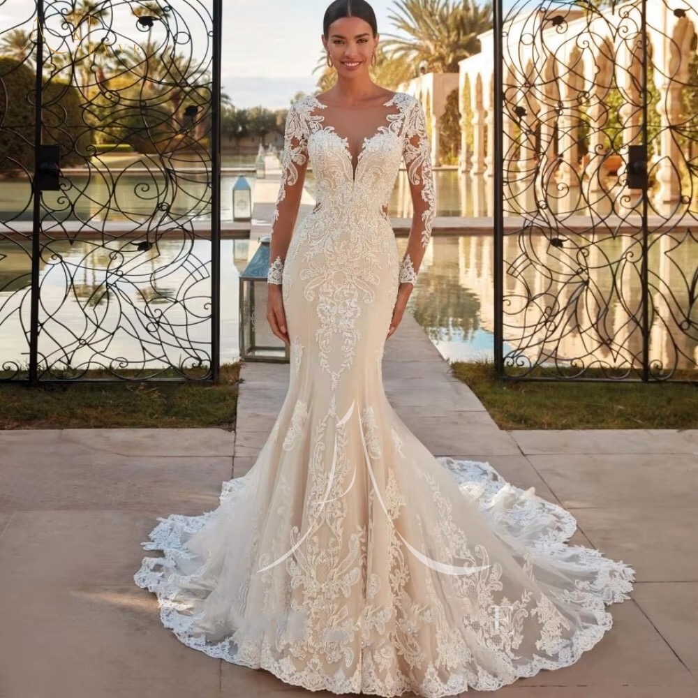 A lace fit and flare wedding dress
