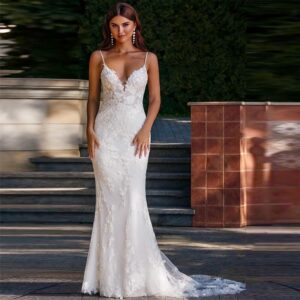 Beaded Spaghetti Strap Fit and Flare Wedding Dress with Lace Appliqué