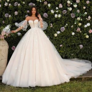 Off Shoulder Ball Gown Wedding Dress with Slit Bust and Puff Sleeves