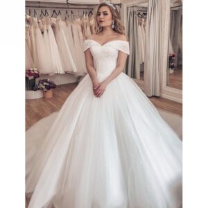 Off Shoulder Beaded Ball Gown Wedding Dress with Corset Back and Tulle Train