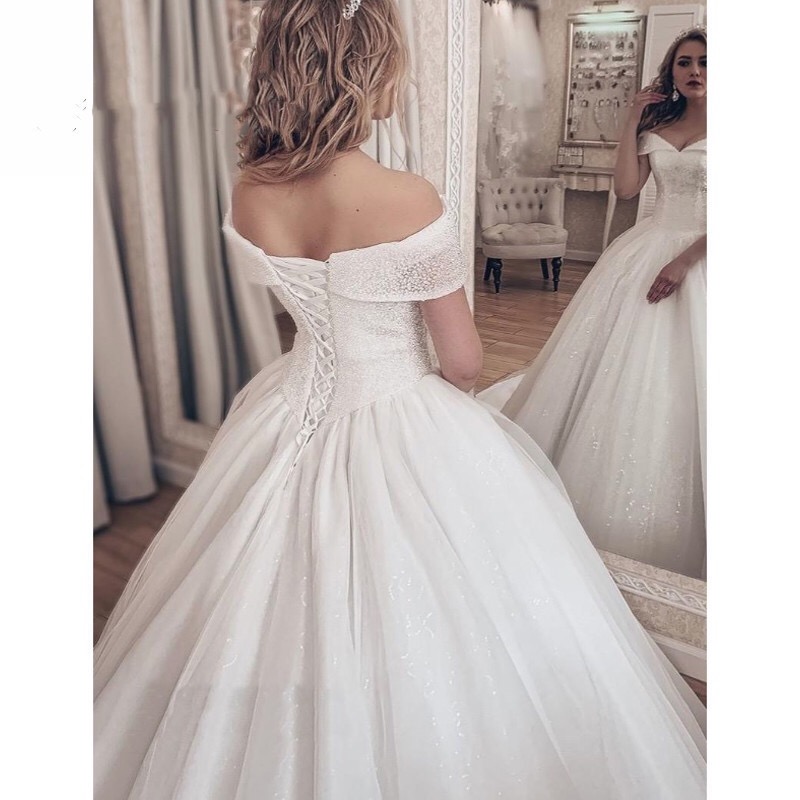 Off Shoulder Beaded glitter Ball Gown Wedding Dress with Corset Back and Tulle Train