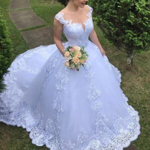 White Lace Cap Sleeve Ball Gown Wedding Dress with Illusion Back and Button Detail