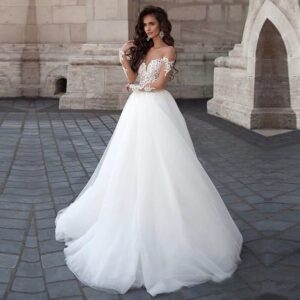 White Off Shoulder Ball Gown Wedding Dress with Lace Bodice