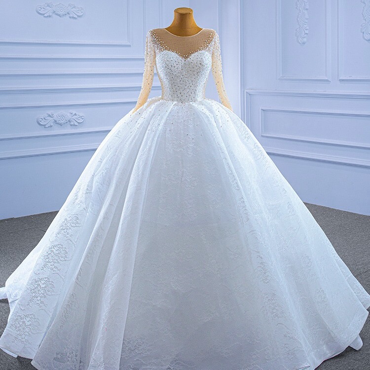 beaded illusion long sleeve ball gown bride dress
