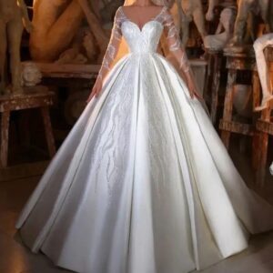 beaded illusion long sleeve satin ball gown wedding dress