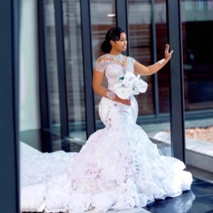 beaded illusion neck mermaid wedding dress ruffle skirt
