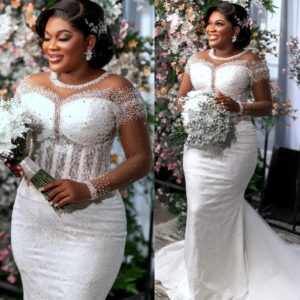beaded lace long sleeve mermaid wedding dress illusion neckline court train