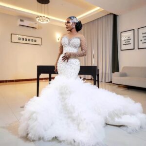 beaded mermaid wedding dress illusion neckline