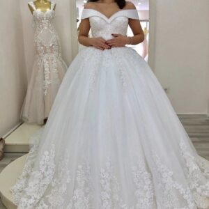 beaded off shoulder ball gown wedding dress lace bodice