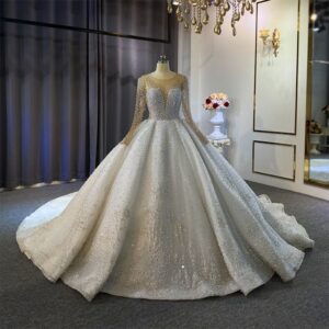 beaded pearl illusion long sleeve ball gown wedding dress