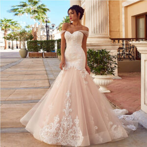 champagne mermaid wedding dress lace bodice tulle skirt