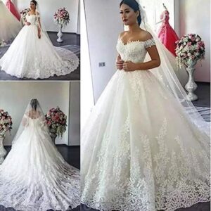 classic off shoulder lace applique ball gown wedding dress