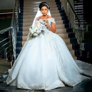 classic off shoulder lace applique ball gown wedding dress beaded train