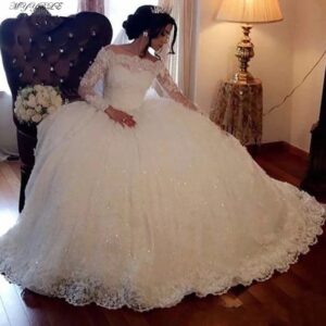 classic off the shoulder wedding dress lace hem ball gown