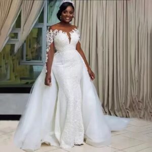 detachable tulle court train mermaid wedding dress