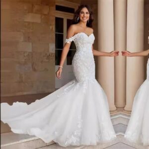 fitted lace mermaid bridal dress off shoulder