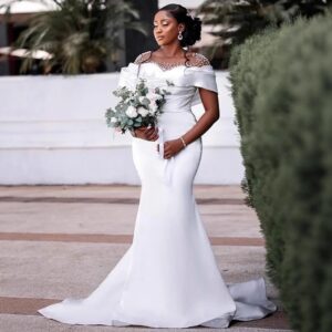 folded off shoulder satin mermaid wedding dress