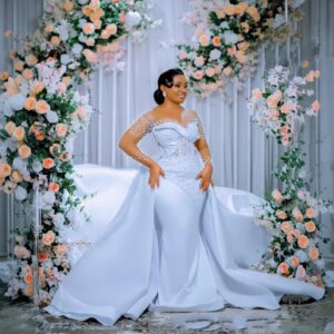 folded off shoulder satin mermaid wedding dress beaded illusion sleeves