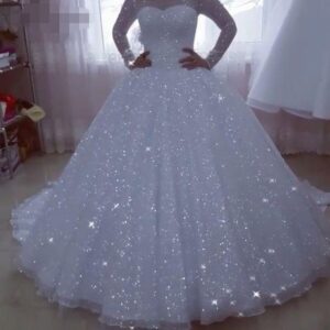 glitter ball gown wedding dress voluminous skirt train