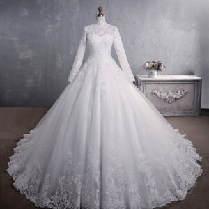 high neck lace long sleeve ball gown wedding dress