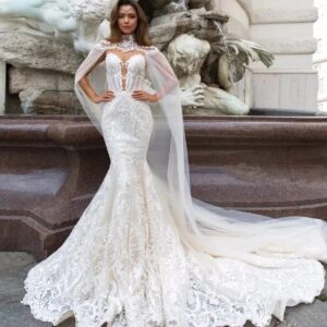 high neck lace mermaid wedding dress cape train