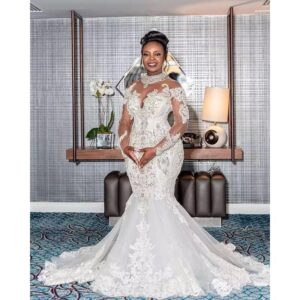 illusion high neck beaded mermaid wedding dress