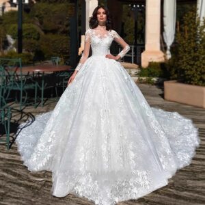 illusion long sleeve beaded lace ball gown wedding dress