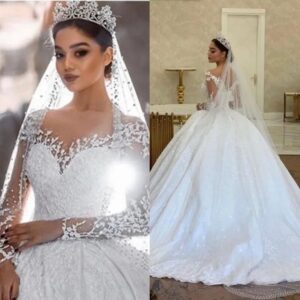 illusion neckline ball gown wedding dress long sleeves
