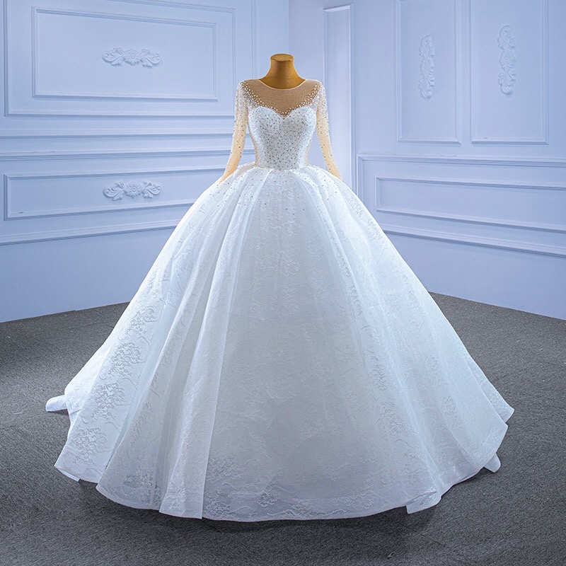 illusion neckline beaded lace wedding gown ball gown