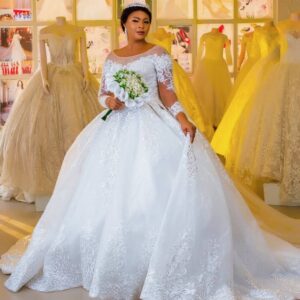 lace applique ball gown wedding dress court train
