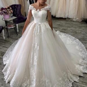 lace cap sleeve ball gown wedding dress front view