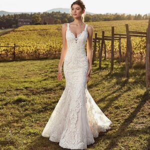 lace fit and flare bridal gown v neckline spaghetti straps