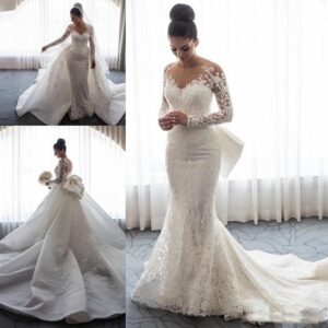 lace mermaid wedding dress illusion neckline long sleeves