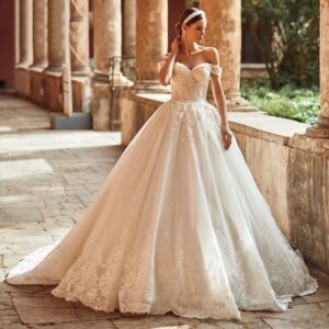 lace off shoulder ball gown wedding dress