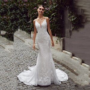 lace spaghetti strap fit and flare wedding dress