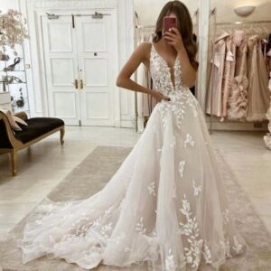 lace v neck a line wedding dress floral applique