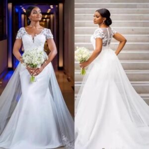 lace v neck cap sleeve wedding dress detachable overskirt