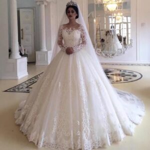 long sleeve lace applique ball gown wedding dress