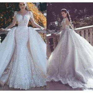 luxury lace mermaid wedding gown removable overskirt