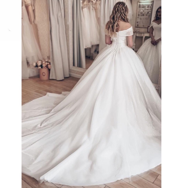 off shoulder beaded ball gown wedding dress