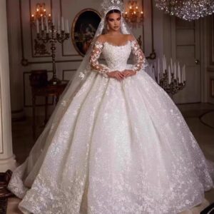 off shoulder glitter ball gown wedding dress