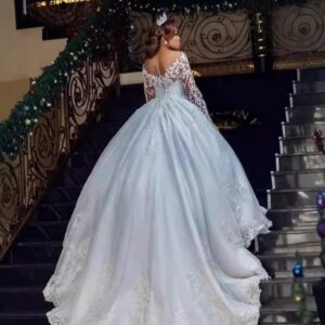 off shoulder lace long sleeve ball gown wedding dress
