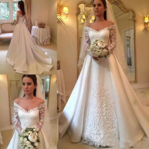 off shoulder long sleeve a line wedding dress